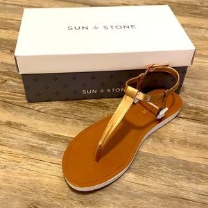 Sun Stone, Kristi T-Strap Flat Sandals, Rose Gold, Size 8.5